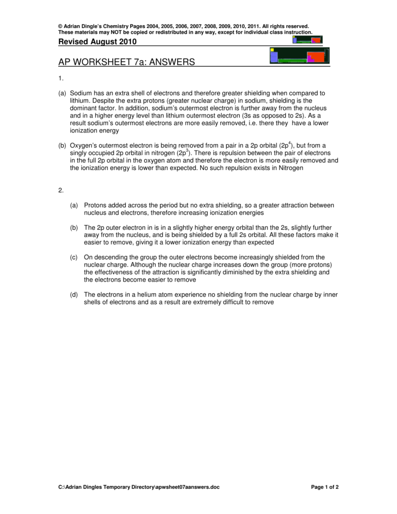 AP WORKSHEET 7a ANSWERS