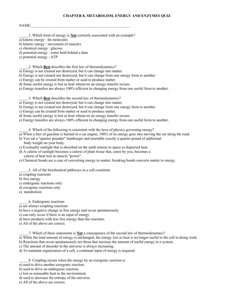 CHAPTER 6 METABOLISM ENERGY AND ENZYMES QUIZ