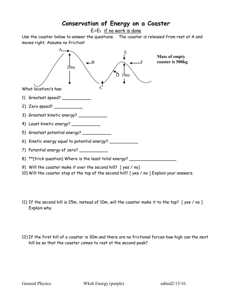 Conservation Of Energy On A Coaster Worksheet