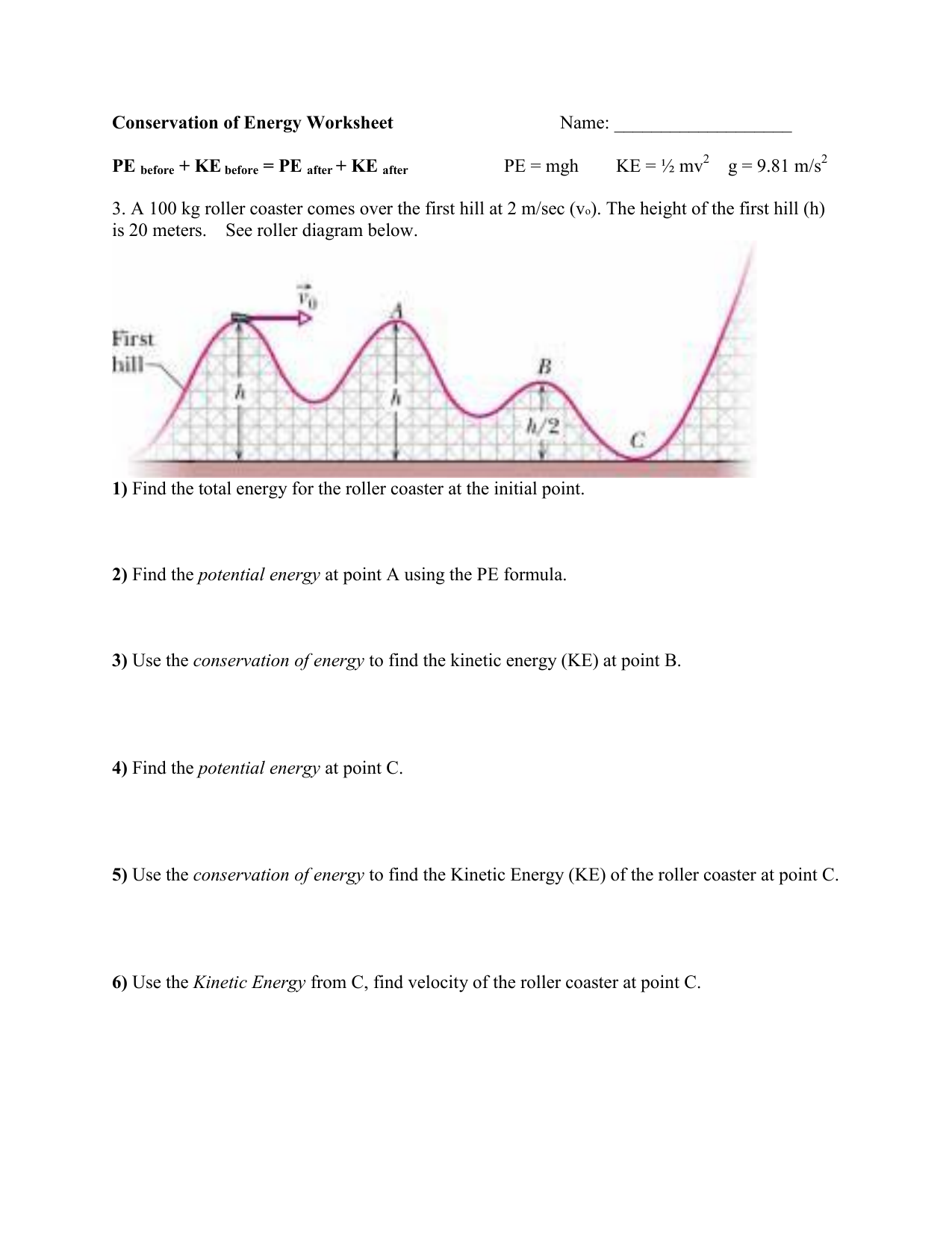 Conservation Of Energy WorksheetName Conservation Of Energy WorksheetName
