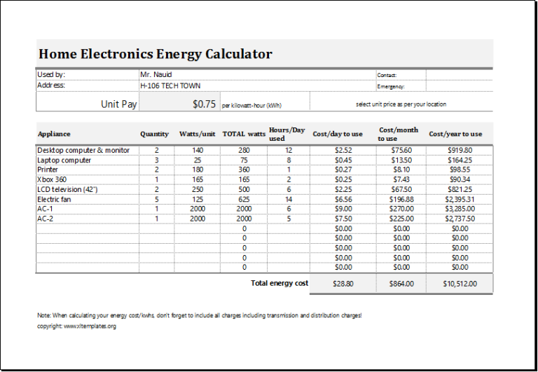 Electric Energy Cost Calculator Template For EXCEL Excel Templates Electric Energy Cost Calculator Template For EXCEL Excel Templates