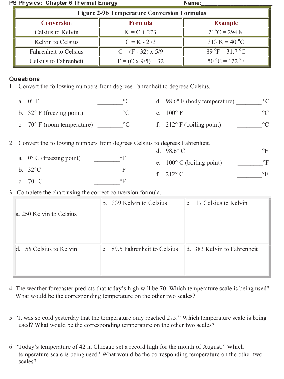 PS Physics Chapter 6 Thermal Energy Worksheet Jayne Heier Brookings PS Physics Chapter 6 Thermal Energy Worksheet Jayne Heier Brookings