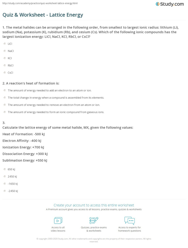 Quiz Worksheet Lattice Energy Study