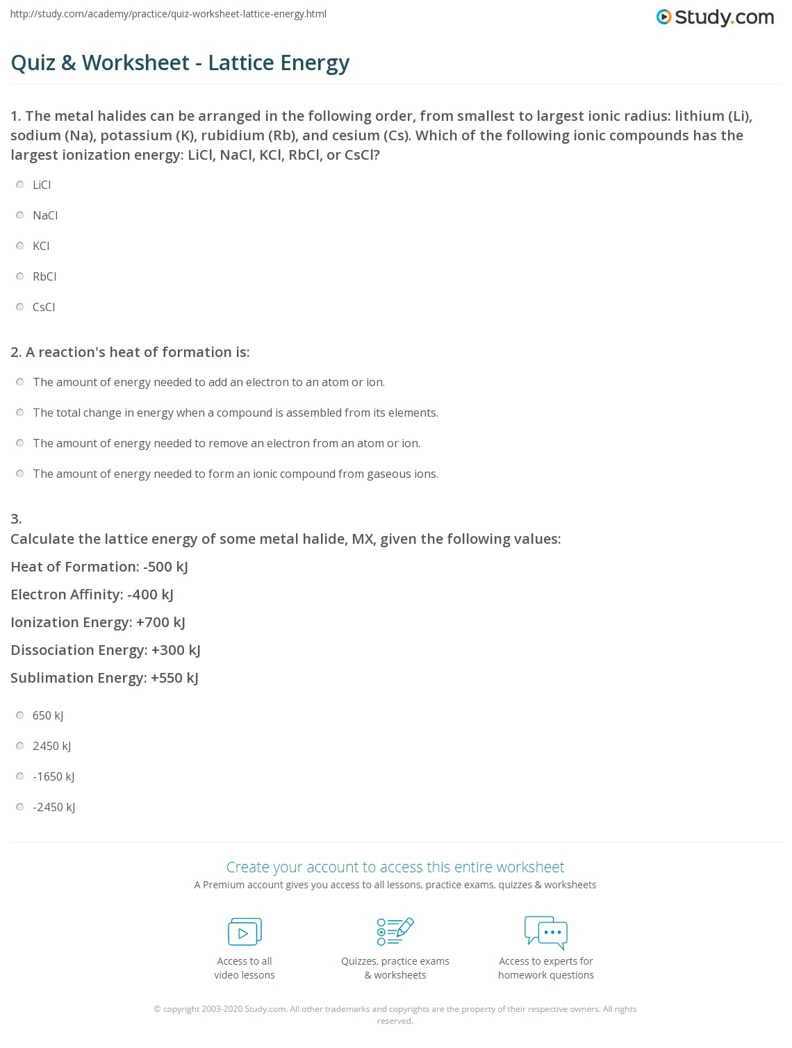 Quiz Worksheet Lattice Energy Study