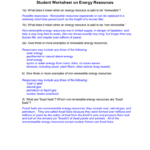 Student Worksheet On Energy Resources