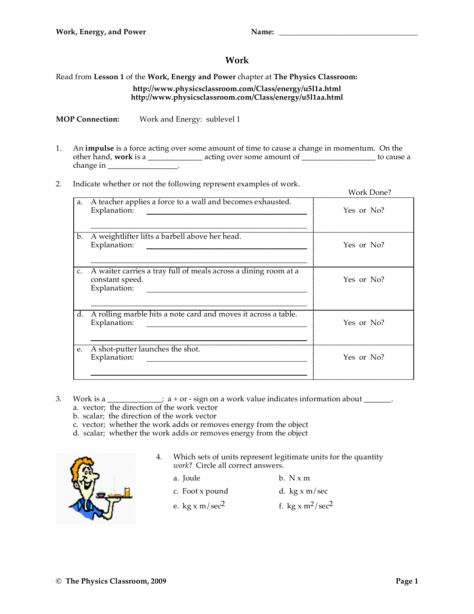Work And Energy Physics Worksheet Answers And Work Energy And Power 