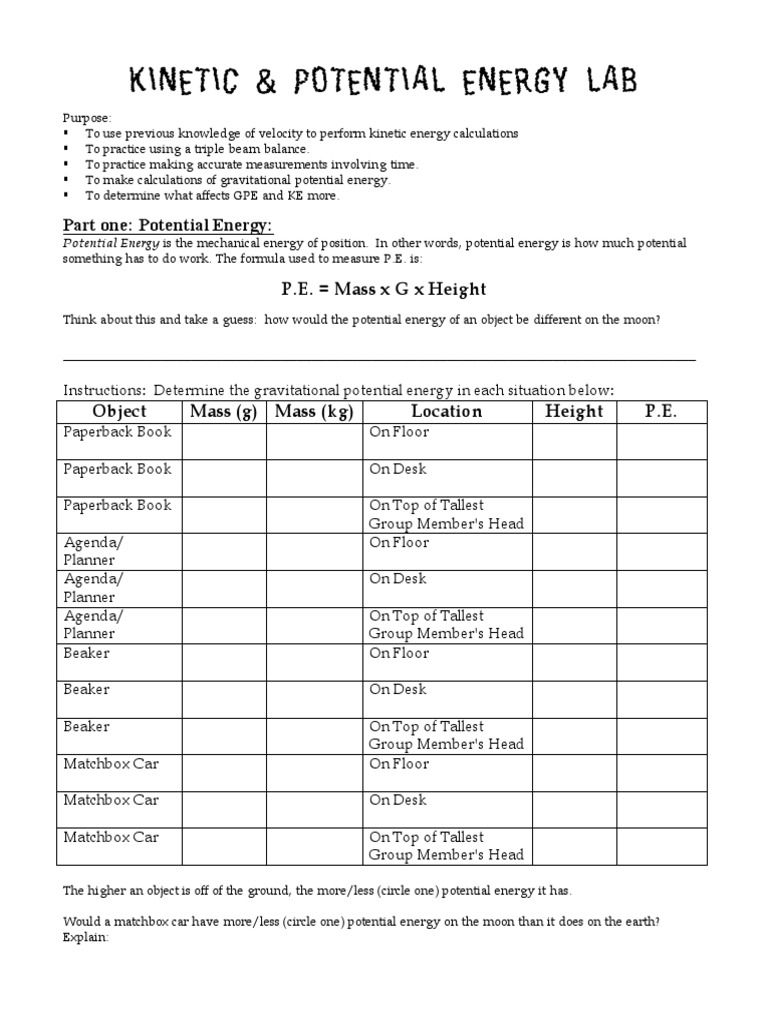 Worksheet Kinetic And Potential Energy Problems Answer Key 