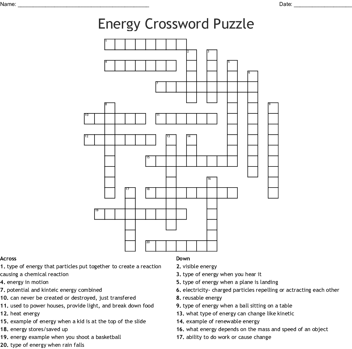 A 20 Question Printable Energy Crossword Puzzle With Answer Key Modify A 20 Question Printable Energy Crossword Puzzle With Answer Key Modify