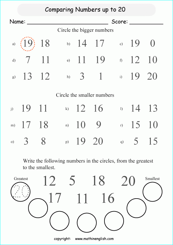 Compare Numbers Up To 20 Grade 1 Math Worksheet For Math Tutoring Compare Numbers Up To 20 Grade 1 Math Worksheet For Math Tutoring