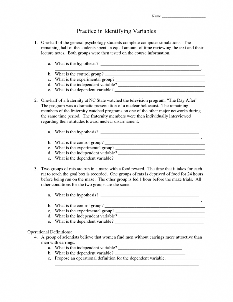 Experiment Variables Worksheets