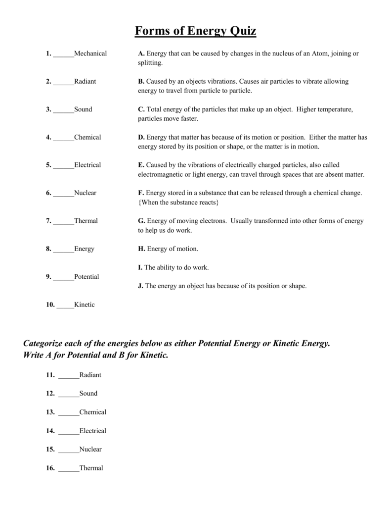 Forms Of Energy Quiz RRMS 8th Grade Science Forms Of Energy Quiz RRMS 8th Grade Science