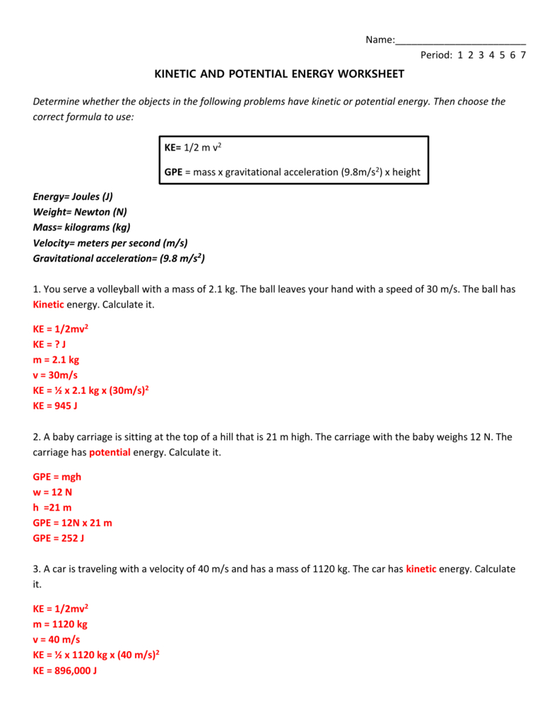 Potential And Kinetic Energy Worksheet Answer Key Db Excel Potential And Kinetic Energy Worksheet Answer Key Db excel