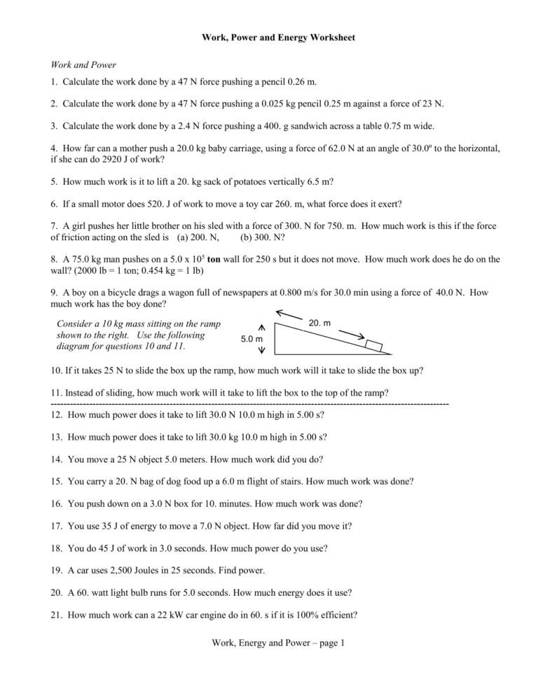 Work Power And Energy Worksheet Answer Key Db excel