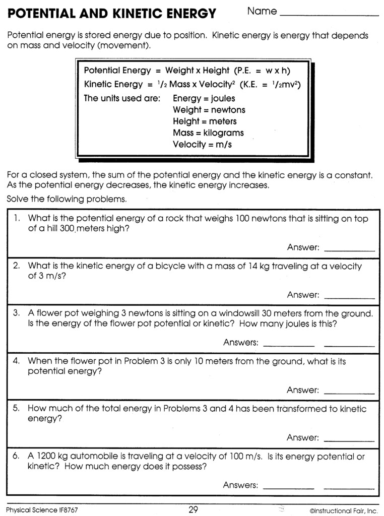  Conservation Of Energy Problems Worksheet Answers Law Of 