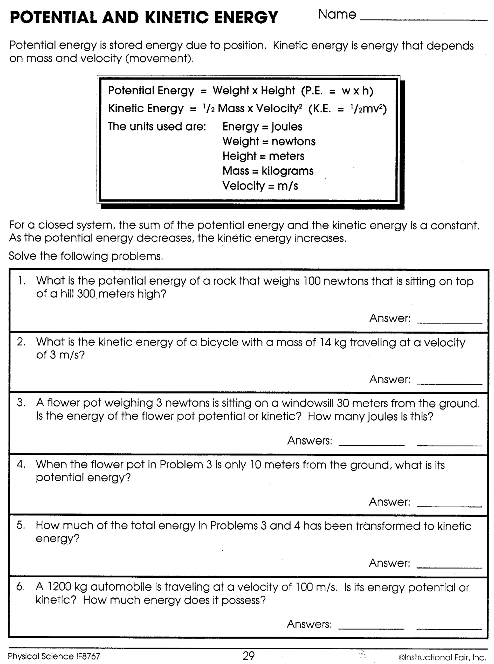 Conservation Of Energy Problems Worksheet Answers Law Of Conservation Of Energy Problems Worksheet Answers Law Of