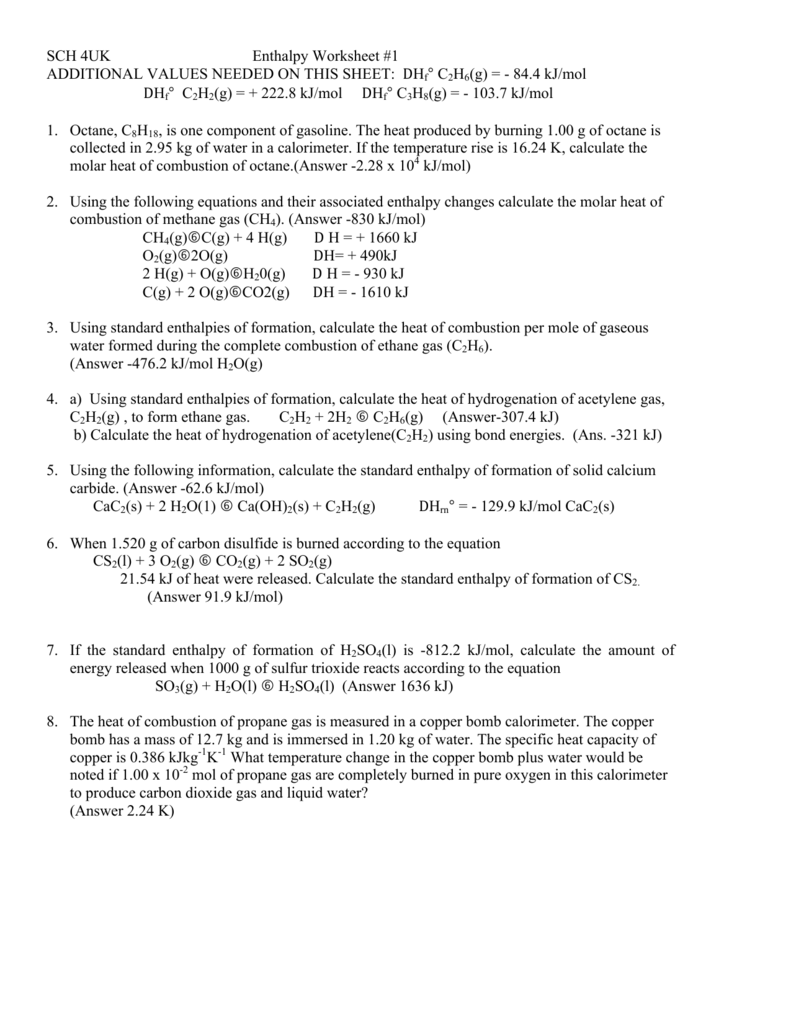 Enthalpy Worksheets 1 2