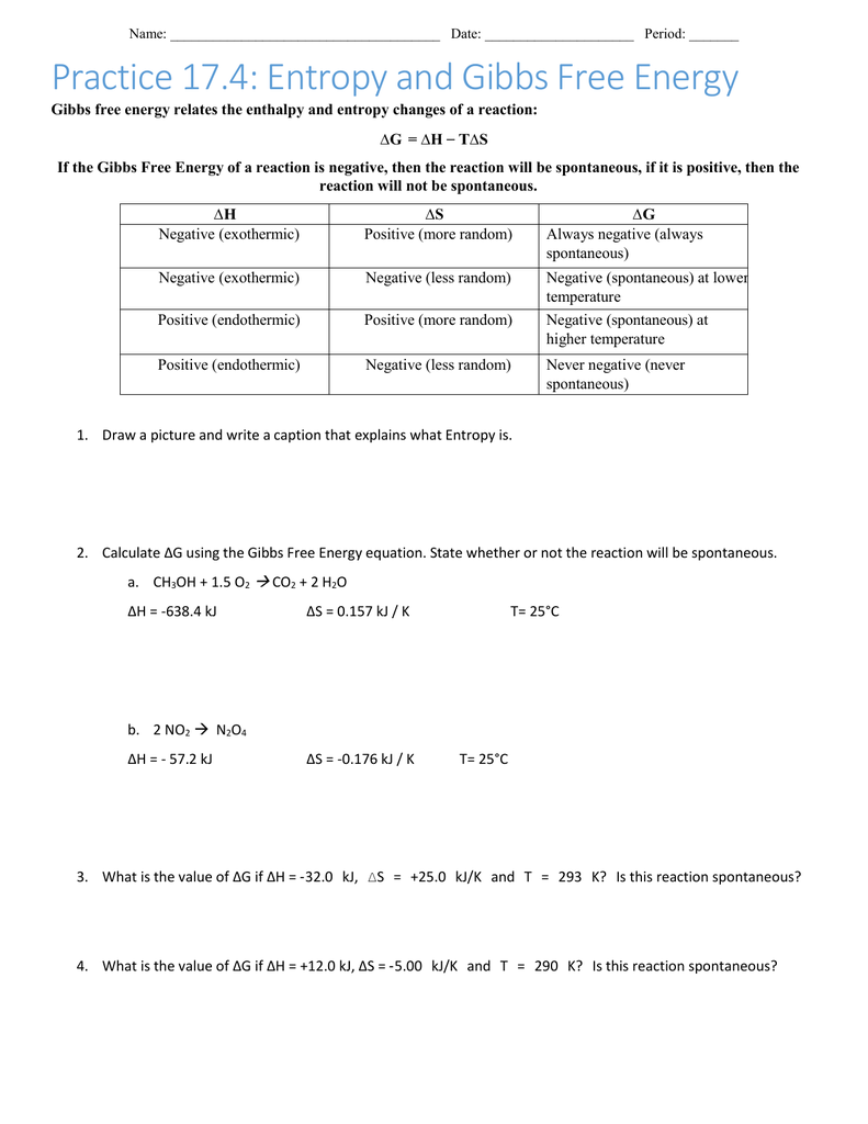 Gibbs Free Energy Worksheet