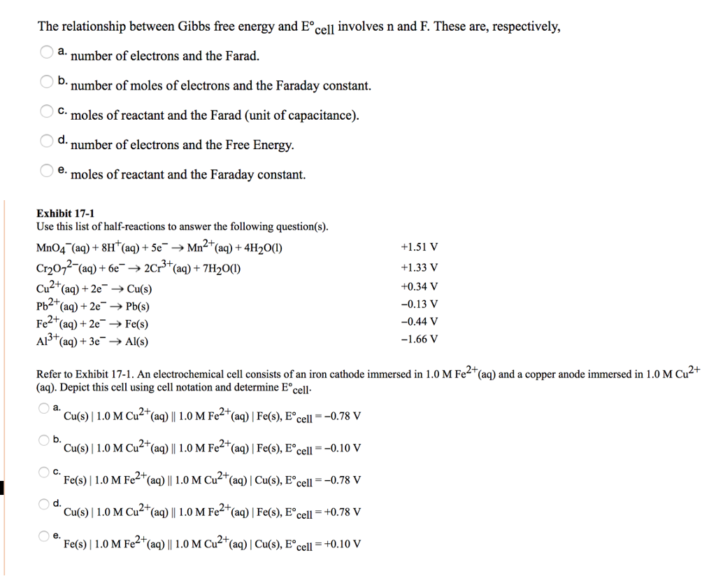Solved The Relationship Between Gibbs Free Energy And E cell Chegg